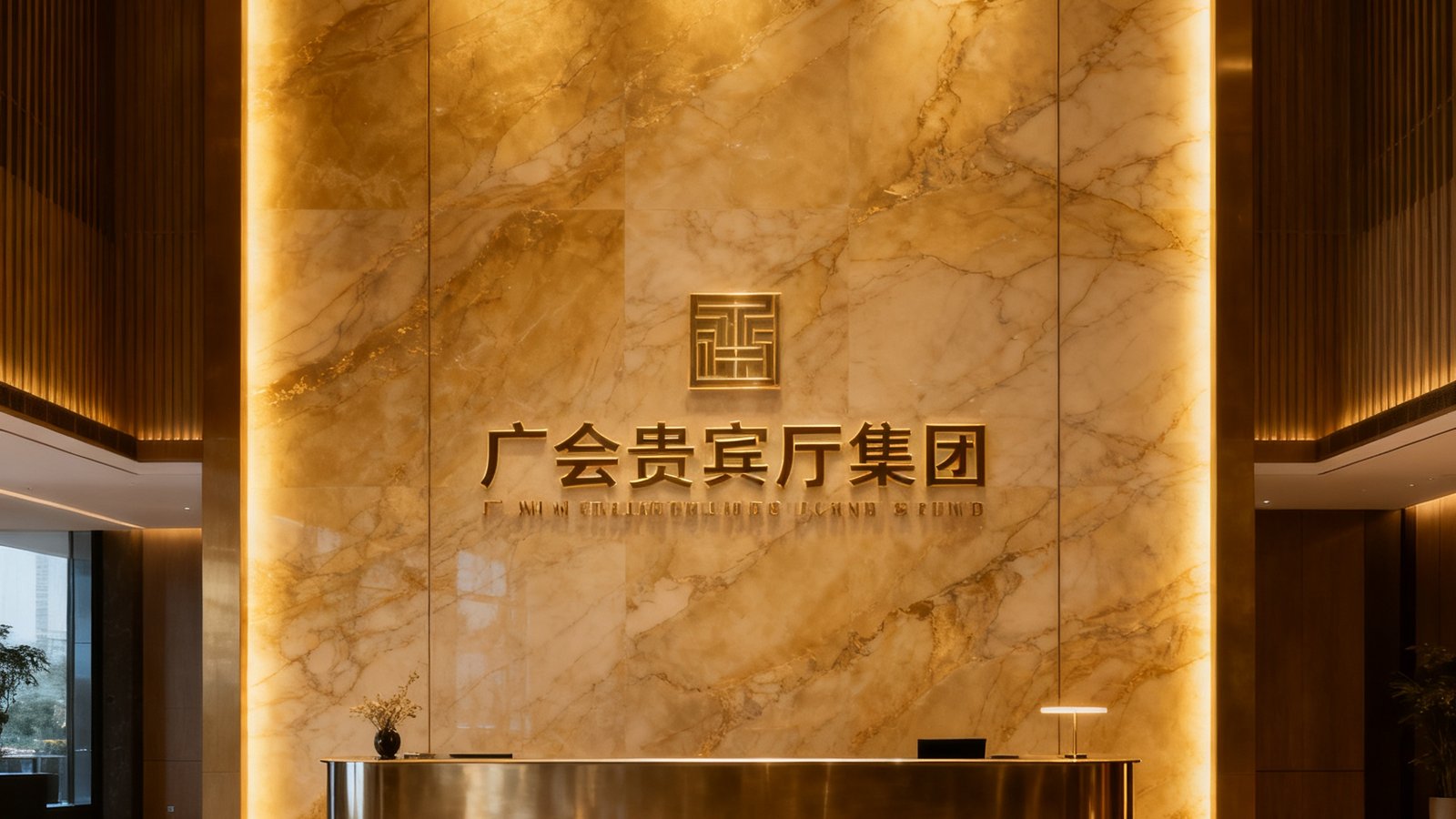 广东会贵宾厅集团广州总部前台接待区，暖金色灯光映照大理石墙面，展现专业高端的政务礼宾服务形象