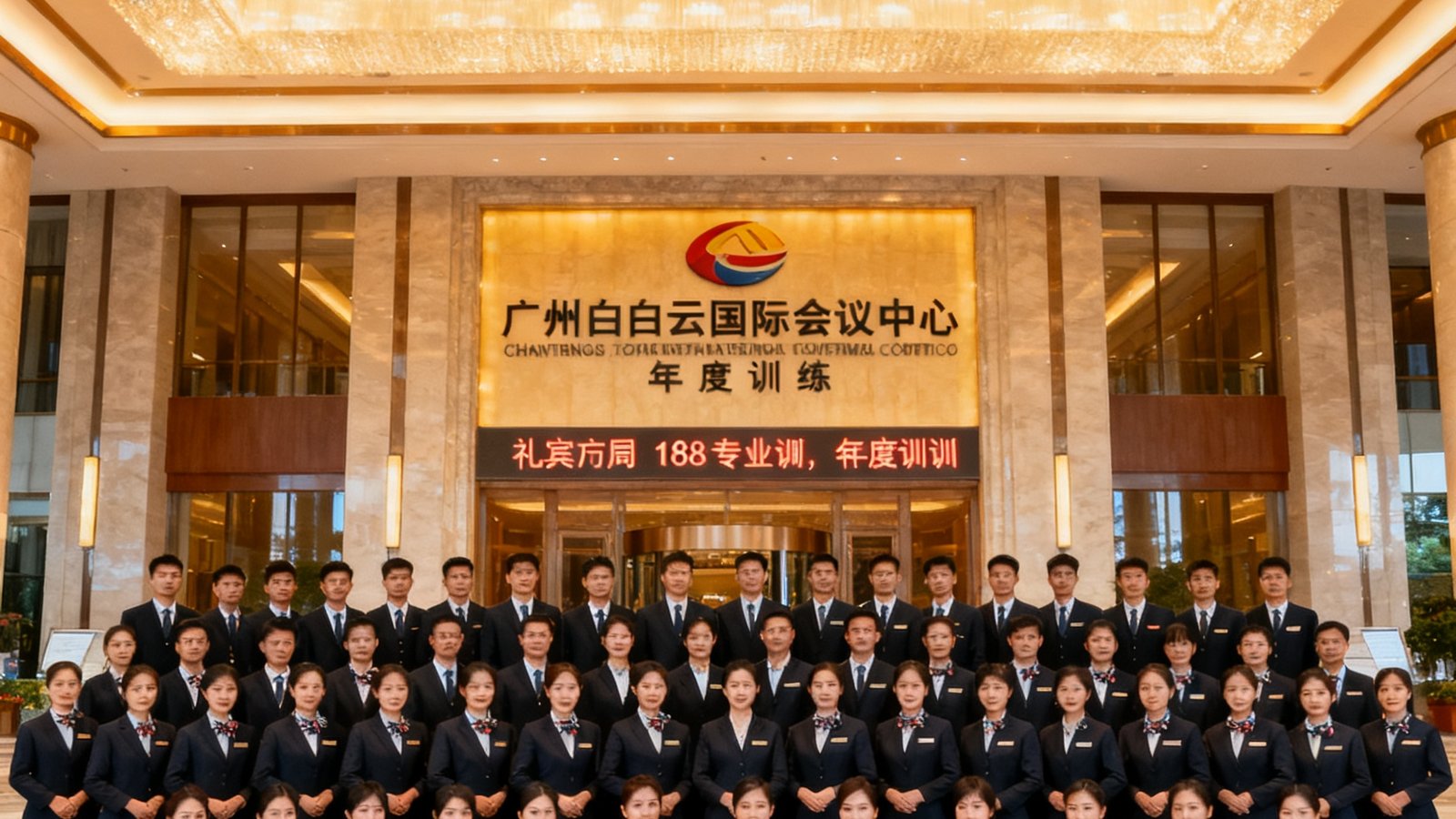 广东会贵宾厅集团180余名礼宾专员在广州白云国际会议中心进行年度集训的合影，统一深色制服展现专业团队风貌