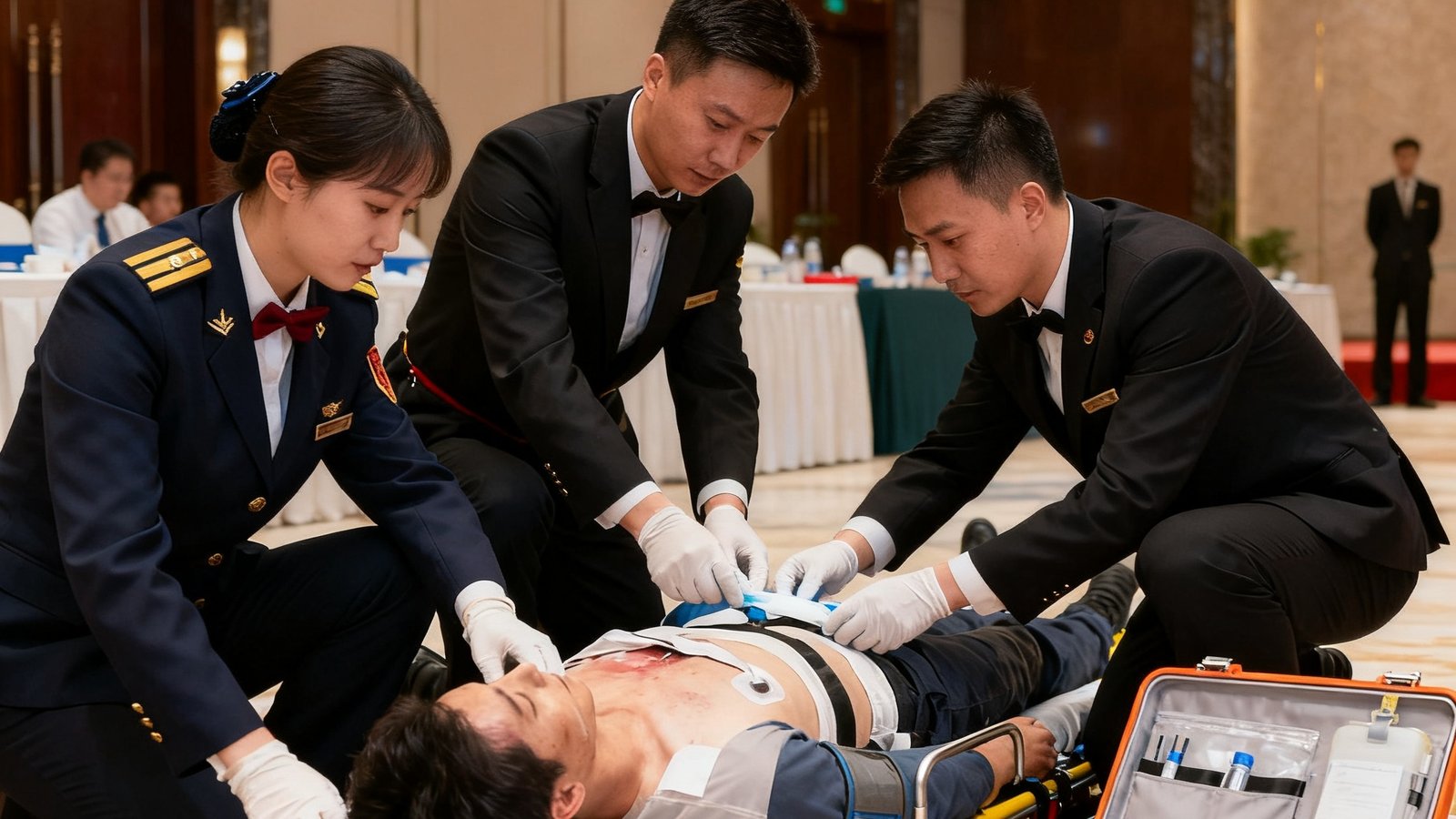 礼宾专员在模拟突发场景中进行应急响应演练，团队协作处理模拟的医疗急救事件