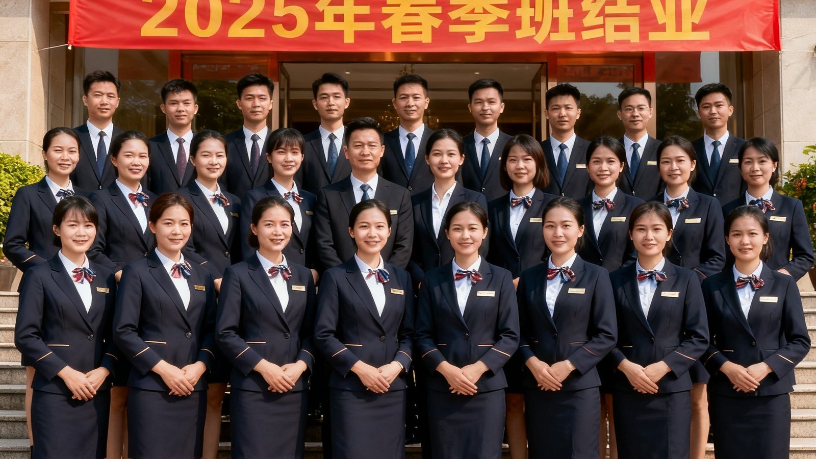 广东会贵宾厅集团培训中心2025年春季班学员结业合影，身着整齐制服的学员们精神饱满