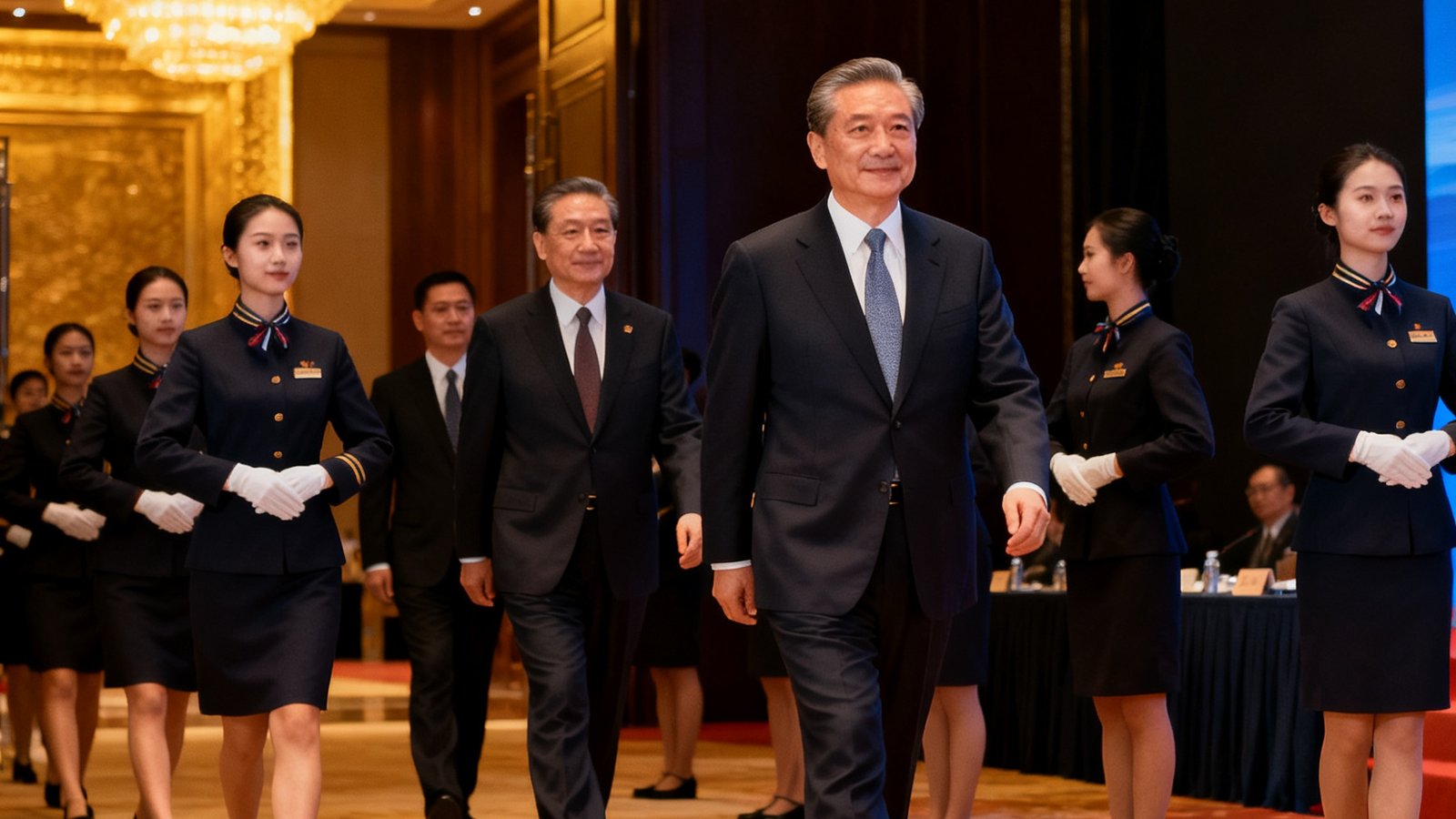 粤港澳大湾区全球招商大会主会场内，礼宾专员身着统一深色制服正在引导省级领导入场，现场布置庄重大气