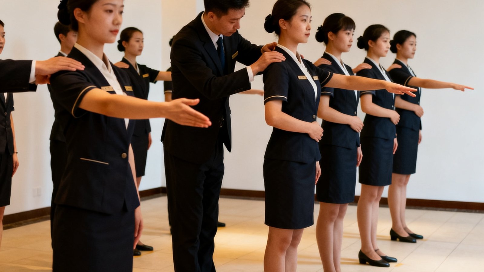培训教室内礼宾专员正在进行标准站姿与引导手势的形体训练，教练逐一纠正动作细节