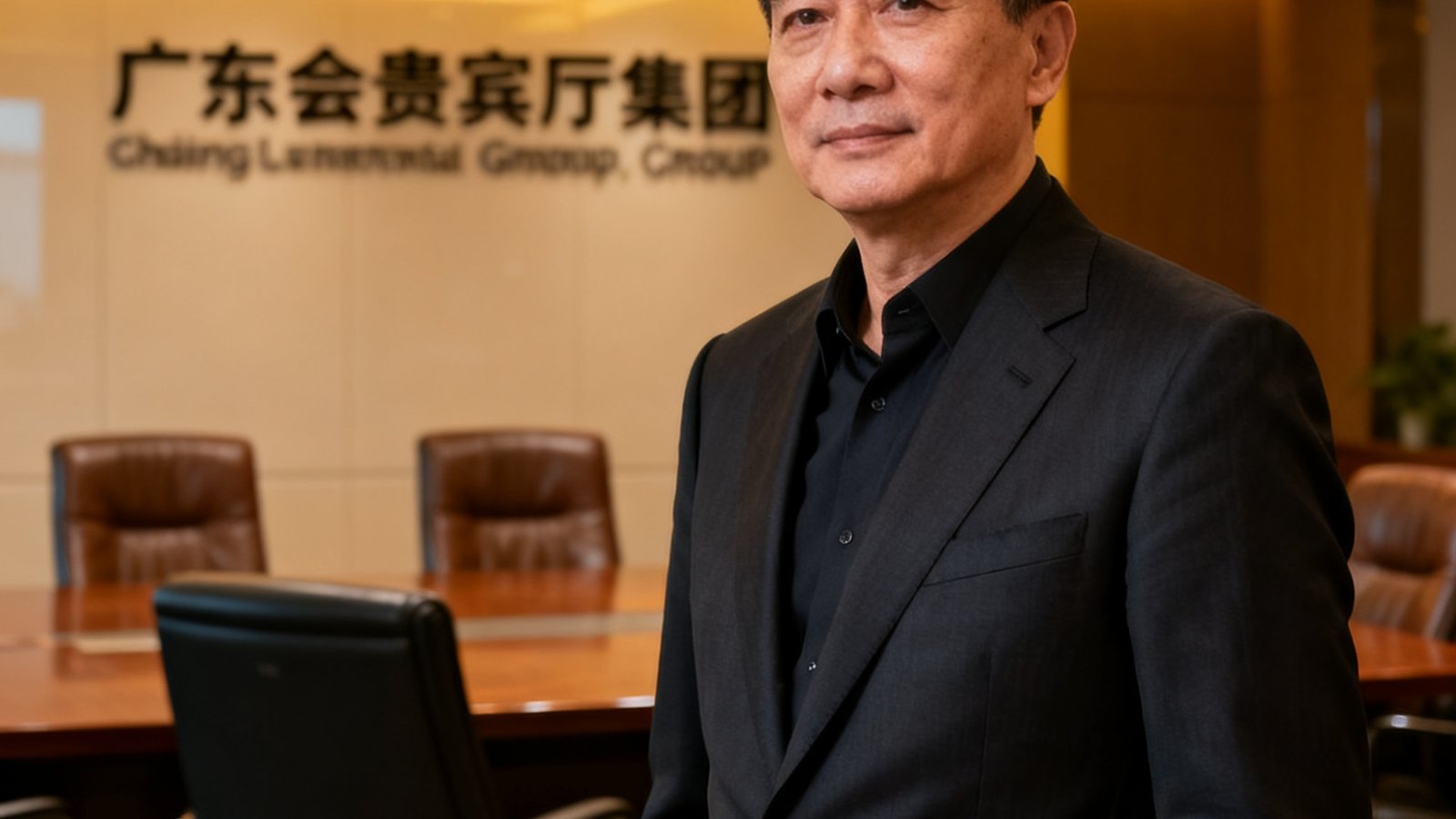 广东会贵宾厅集团创始人兼CEO陈启明先生，年约五十岁，身着深色西装，背景为集团总部会议室