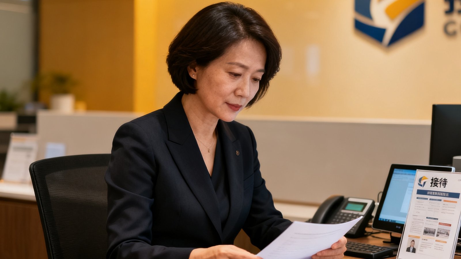 广东会贵宾厅集团运营总监林雅文女士，四十岁左右，干练短发，在办公桌前审阅接待方案