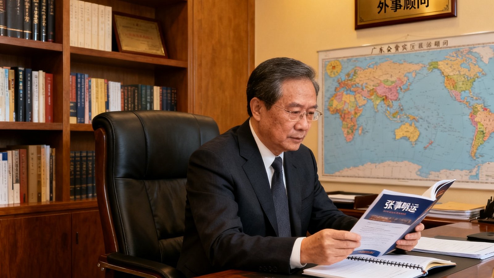 广东会贵宾厅集团外事顾问张明远先生，五十余岁，曾长期驻外工作，在办公室翻阅外事资料